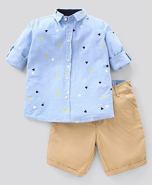 Pine Kids Full Sleeves Shirt with Shorts Set Softener Wash Triangles Print - Blue Beige
