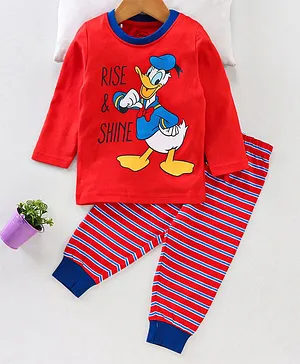Babyhug Full Sleeves Night Suit Donald Duck Print - Red