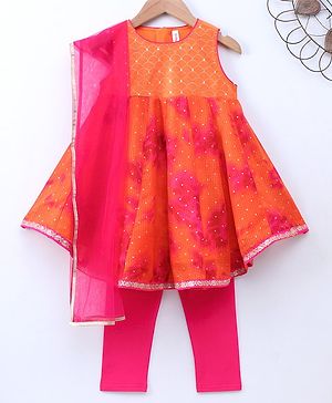 Babyhug Sleeveless Sequined Asymmetrical Kurta and Chudidar Set with Lace Border Dupatta - Fuschia