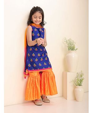 Babyhug Sleeveless Embroidered Tassel Kurta and Garara Set with Lace Border Ruffled Dupatta - Blue Orange