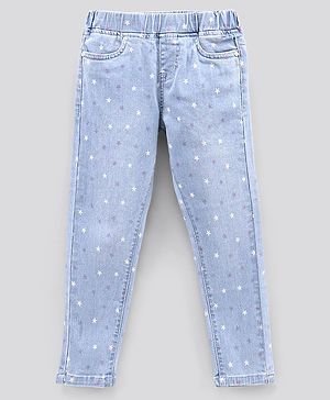 Pine Kids Full Length Jeggings with Enzyme Softner Wash Star Print- Light Blue