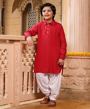 Pine Kids Full Sleeves Solod Color Pathani Kurta and Pyjama Set - Red