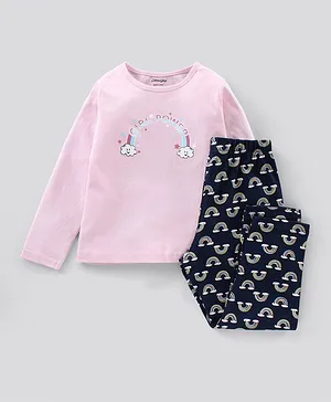 Primo Gino 100% Cotton Full Sleeves T-shirt & Pyjama Set Rainbow Print - Pink Navy Blue