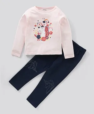 Primo Gino Full Sleeves Pyjama Set Unicorn Print - Baby Pink Navy