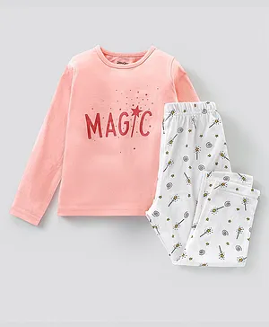 Primo Gino 100% Cotton Full Sleeves T-shirt & Pyjama Set Magic Wand Print - Peach White