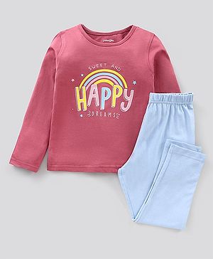 Primo Gino Full Sleeves Night Suit Sweet & Happy Dreams Print - Dark Pink Sky Blue