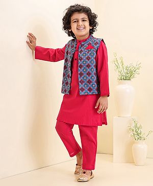 Babyhug Full Sleeves Kurta Pyjama Set with Waistcoat Abstract Floral Print - Maroon Blue