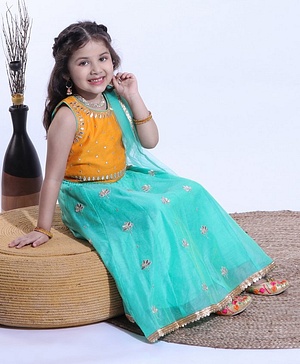 Babyhug Half Sleeves Sequined Choli & Flared Lehenga with Dupatta - Orange Aqua