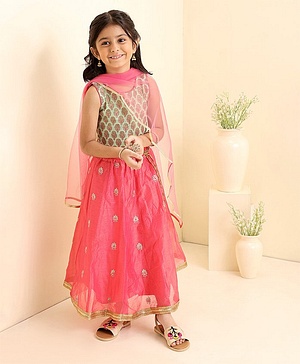 Babyhug Sleeveless Zari Embroidered Lehenga Choli With Dupatta - Fuschia Pink