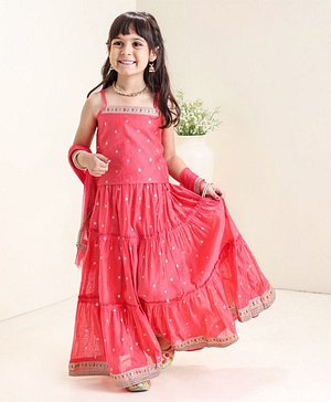 Babyhug Sleeveless Embroidered Choli Lehenga and Dupatta Set with Sequins - Coral