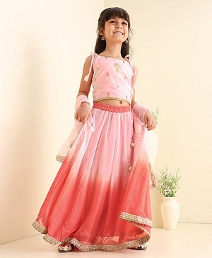 Babyhug Singlet Sleeves Embellished Choli and Flared Shaded Lehenga with Bordered Dupatta - White Orange