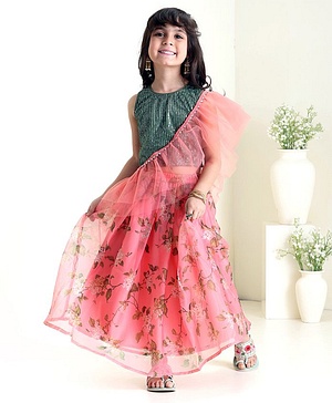Babyhug Sleeveless Sequined Choli Lehenga and Dupatta Set Floral Print - Dark Green Peach Babyhug Sleeveless Sequined Choli Lehenga and Dupatta Set Floral Print - Dark Green Peach