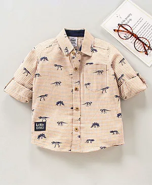 Simply Full Sleeves Cotton Shirt Dino Print - Beige