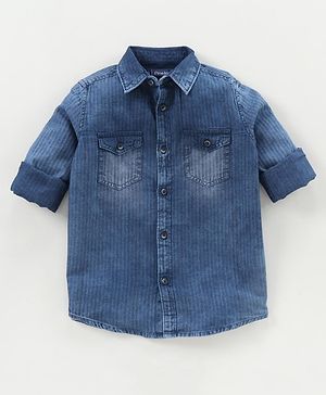 Pine Kids Full Sleeves Indigo Solid Shirt Enzyme Wash - Blue