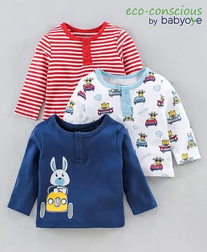 Babyoye 100% Cotton Full Sleeves T-Shirts with Eco-Jiva Finish Multi Print Pack of 3 - Blue Red White