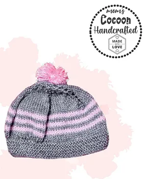 COCOON ORGANICS Striped Handcrafted Soft And Warm Winter Cap  - Grey