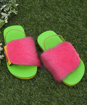 D'chica Slippers With Fur Trimmings - Green Pink
