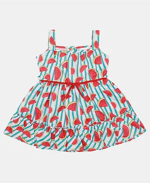 Doodle Girls Clothing Sleeveless All Over Watermelon Printed Dress - Green & Pink