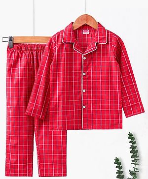 Babyhug Full Sleeves Woven Checked Shirt & Pyjama Set - Red