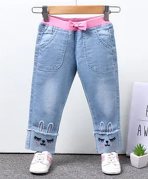 Babyhug Full Length Denim Washed Jeans Bow & Cat Applique - Blue
