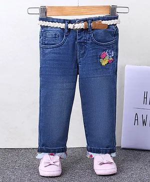 Babyhug Full Length Washed Jeans with Floral Embroidery - Blue