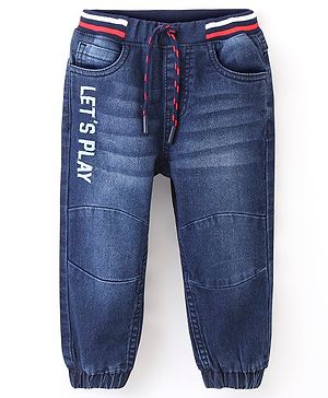 Babyhug Full Length Washed Jeans With Drawstring Text Print - Blue
