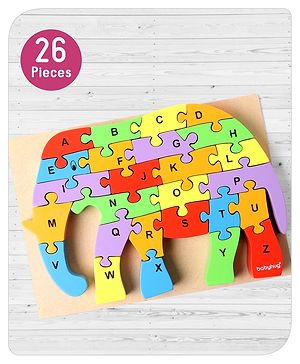 Babyhug Premium 26 Pcs Colorful Elephant Shaped Wooden Jumbo Alphabet Jigsaw Puzzle| Montessori Learning and Educational Puzzle for 2-4 Years Kids| Pre-School and Early Learning Gifting Toy| BIS Certified