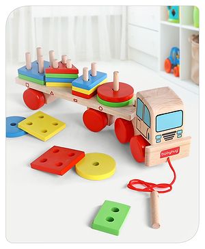 Babyhug Stack & Pull Montessori  Wooden Truck Multicolor - 16 Pieces