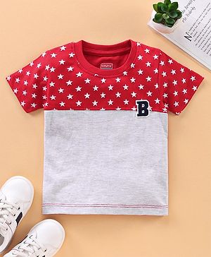 Babyhug Half Sleeves Color Block Tee Stars Print - Grey Red