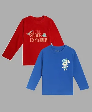 Etched Design Pack Of 2 Full Sleeves Space Explorer & Dog Printed Tee - Red & Blue