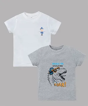 Etched Design Pack Of 2 Half Sleeves Dinosaur Print Tees - White & Grey