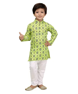 KIDS FARM Full Sleeves Ethnic Print Kurta With Pajama - Green
