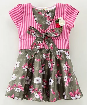 Enfance Sleeveless Flower Print Dress & Short Sleeves Floral Applique Stripes Print Jacket - Pink