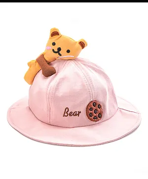 Babyhug Cotton Bucket Hat Bear Embroidered Light Pink - Diameter 16 cm