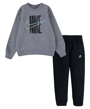 Nike Full Sleeves Brand Logo Printed Sweatshirt With Joggers - Grey & Black