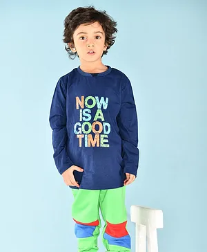Anthrilo Full Sleeves Good Time Text Print Tee - Navy Blue