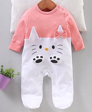 Babyhug Full Sleeves Sleep Suit with Animal Face Applique and Bow - Pink White