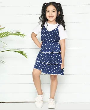 Lilpicks Couture Half Sleeves Polka Dots Print Pinafore Attached Dress - Blue & White