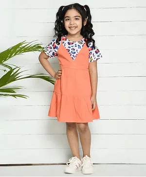 Lilpicks Couture Half Sleeves Printed Pinafore Attached Dress - Peach & White