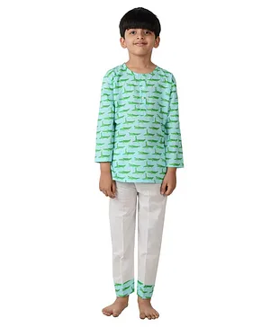 Frangipani Kids Full Sleeves Crocodile Printed Night Suit - Green & Blue