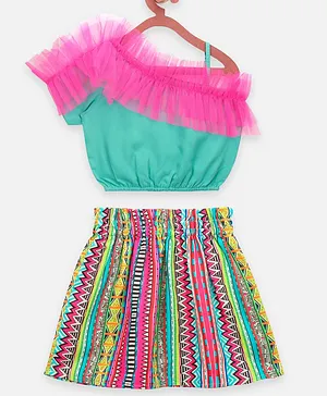 Lilpicks Couture Short Sleeves Frilly Crop Top With Flared Skirt - Green & Pink