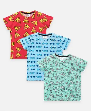 Lilpicks Couture Half Sleeves Pizza Goggles And Space Print Tees Pack Of 3 - Red Blue And Aqua Green