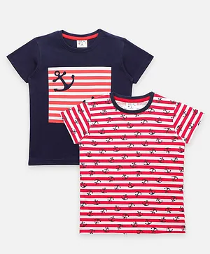Lilpicks Couture Pack Of 2 Half Sleeves Striped & Anchor Printed Tee - Blue & Red