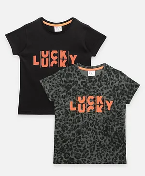 Lilpicks Couture Pack Of 2 Half Sleeves Lucky & Grey Printed Tee - Black & Grey