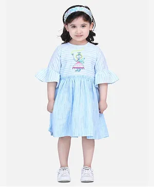 Lilpicks Couture Three Fourth Sleeves Fairy Embroidered Dress - Blue
