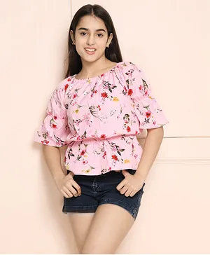 Lilpicks Couture Half Sleeves Floral Print Top - Baby Pink