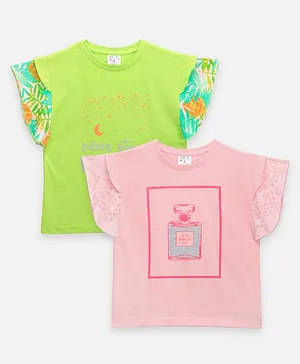 Lilpicks Couture Pack Of 2 Short Sleeves Quote & Parfum Printed Top - Green & Pink