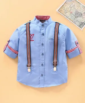 Rikidoos Full Sleeves Solid Colour Shirt With Detachable Suspenders - Light Blue