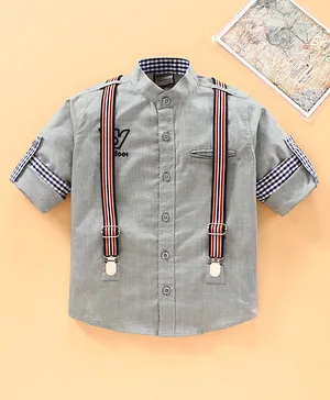 Rikidoos Full Sleeves Solid Colour Shirt With Detachable Suspenders - Grey