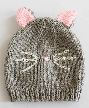 Woonie Cat Knitted Ears Detailing Handmade Woollen Cap - Grey